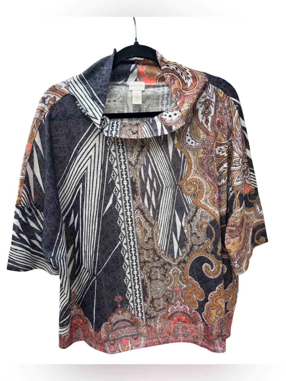 Chico's Printed Funnel Neck Top 3/4 sleeve in Black, Brown & Rust Sz 1